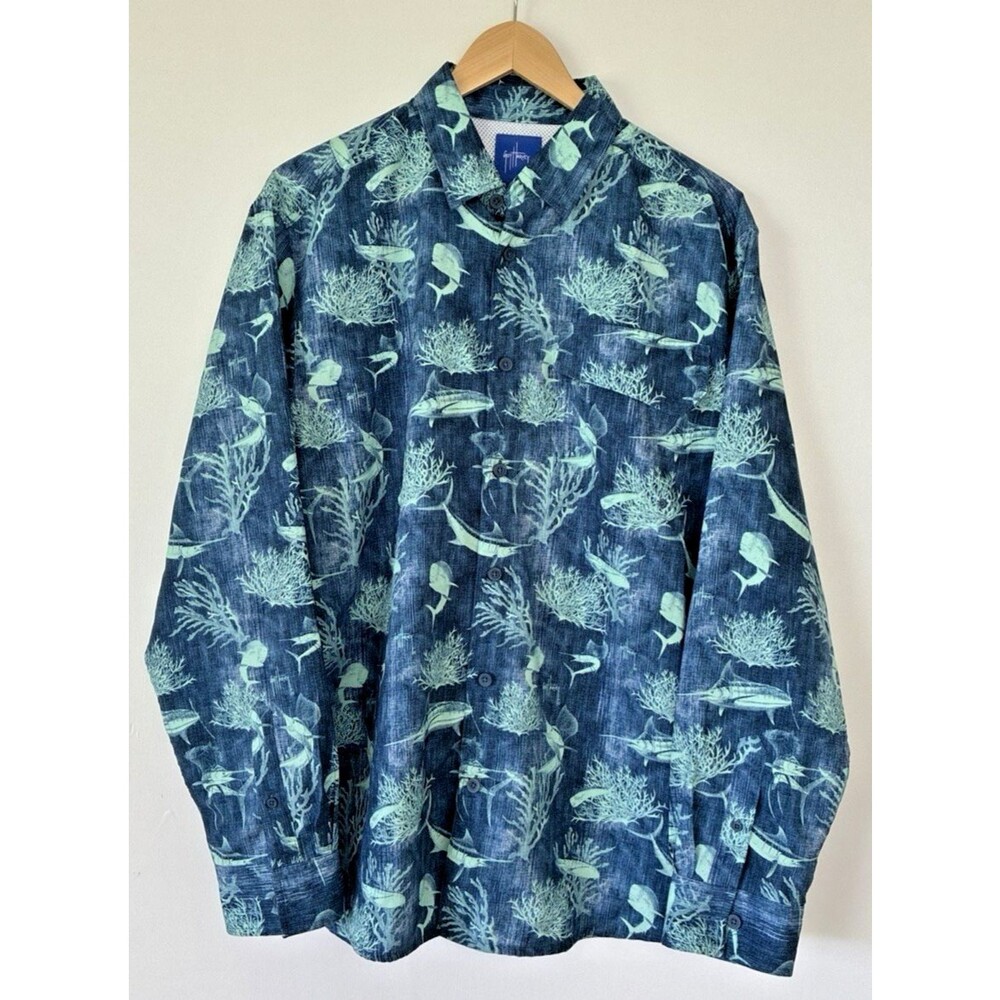 Guy Harvey L/S Blue Vented Button Down Hiking Fishing Shirt Mens Medium